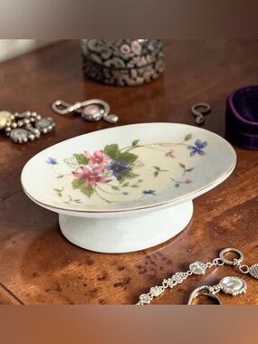 Vintage Floral Pedestal Dish, Pastel Flowers, Gold Rim (Opaque Glass)